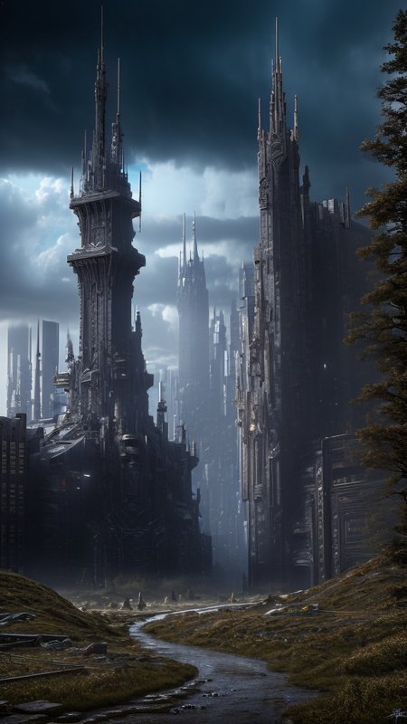 Techwear fashion, 
Dystopian style, 
Masterwork Painting, Magnum Opus, 
 <lora:Wizard_Tower:0.75> witow, castle, cloud, cloudy sky, grass, no humans, scenery, sky, tower, tree, 
<lora:Fantasy_Mountains:0.75> fanmou, footprints, forest, grass, nature, no humans, outdoors, sky ,
  highres, 8k, uhd, High Dynamic Range, tonemapping, crisp details,  intricate details, fine details,
. Bleak, post-apocalyptic, somber, dramatic, highly detailed,
. Futuristic, cyberpunk, urban, tactical, sleek, dark, highly detailed