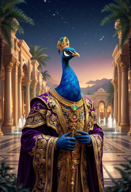 A serene digital shot of an anthropomorphic peacock embodying the regal splendor of an Arabian Nights sultan. The peacock has a golden crown adorned with rubies and wears luxurious silk robes of deep purple and gold, embroidered with intricate paisley patterns. It holds a staff topped with a crescent moon and gem. The background reveals a grand palace courtyard with marble columns, lush hanging gardens, and flowing fountains under a starry desert sky.
