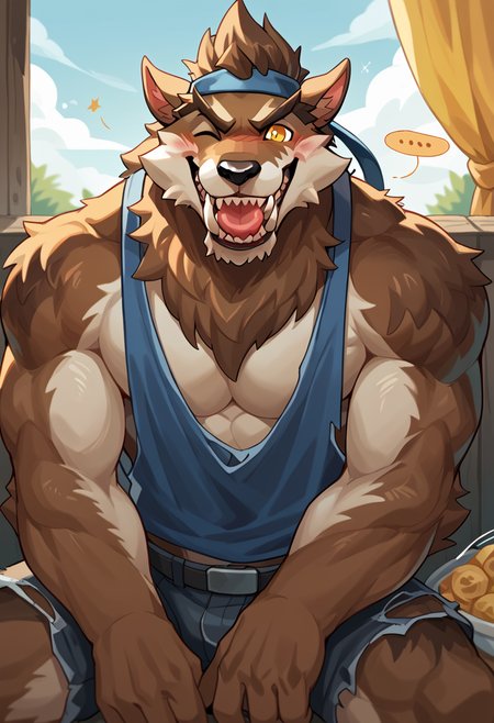 (male:1.2), solo, furry, anthro, canine, (muscular:0.3), bara, shirtless, brown fur, yellow eyes, tank top, blush, smiling, happy, looking_at_viewer, score_7_up, score_8_up, score_9, by nomifuk, cute:1.2, sitting, tailwag, wink, grin, tongue_out, <lora:Dire_Fortnite:1>, dire, fortnite, werewolf