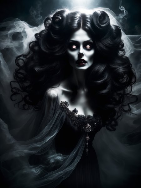 <lora:SDXLGhostStyle:1>, GhostlyStyle, portrait of an extremely beautiful woman, beautiful eyes, curled black hair, undead queen, high quality, <lora:xl_diaphanous_dress-1.0:0.8>
