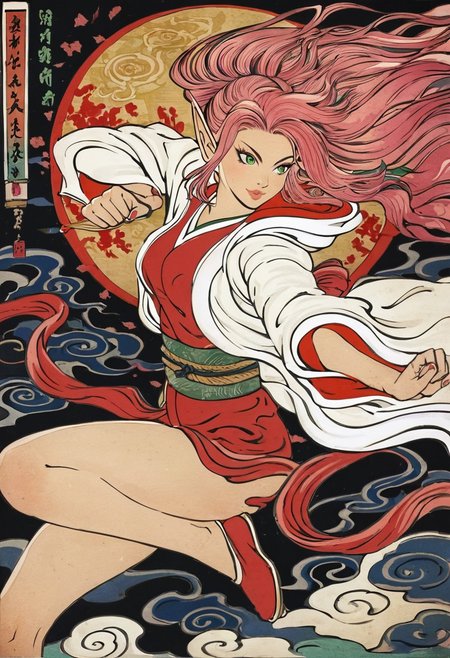 score_9, score_8_up, score_7_up, score_6_up, score_5_up, score_4_up, <lora:traditional_Japanese_art:0.8>,  traditional japanese art, fighting stance, masterpiece, highres, 1girl, sexy elf woman, detailed green eyes, perfect detailed face, pointy ears, medium pink hair, mystical, sensual, slim, small breasts, wearing short kimono, night, moon, floating on clouds