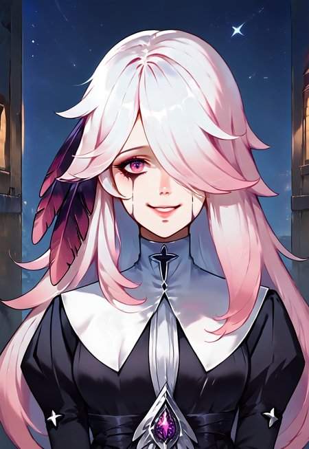 SCORE_9, SCORE_8_UP, SOURCE_ANIME, 1FEMALE, CHIARA, WHITE HAIR, PINK HAIR, GRADIENT HAIR, HAIR OVER ONE EYE, NUN DRESS, CRYING MAKEUP, BLACK DRESS, HAIR FEATHERS, GUIMPE, SMILE, PORTRAIT, BREAK, ALLEY, NIGHT, NEON LIGHTS