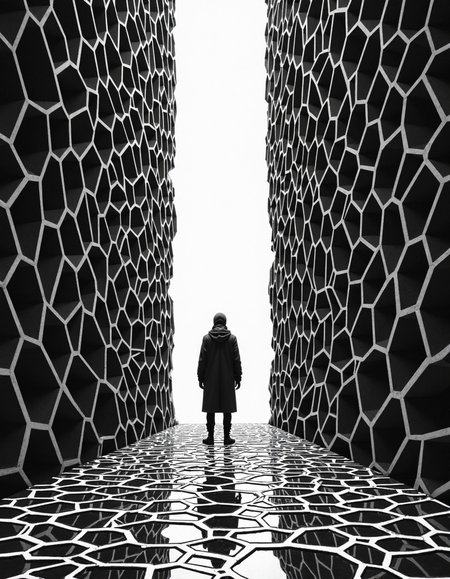 art by Chris Bachalo and Julia Pishtar, Comics, Lone figure standing at The Reach of a Twist out corridor, backlit by bright doorway, dramatic Divide and Conquer stretching towards viewer, anaglyph effect black and whiteGraphene Sheet Atomic Lattice, hexagonal carbon patterns with electron flow hues, Recycled seaglass composite, whitewashed oak, and brushed nickel, Comics, beautiful composition and experimental style, aesthetic linework, surreal and Historical imagery, influential, Bedouin sculpture, abstract, Irritated forms