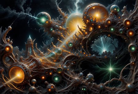 This is a highly detailed fractalex digital painting in a baroque style a compelling use of (snellâs law) how light travels through the lenses of spheres creating a gateway to other dimensions through an Electrified spectrum of fractal separation into multidimensional gateways with views of nebula, before entering a newdimension. precise fractal design, flowing curves, precision, colorful fractal geometry, harmonic interference, dismrt style, realism, detailed digital illustration, photo manipulation, altered realities, digital artistry, striking visuals, chiroscuro lighting, masterpiece, best quality, highres, high detail, sharp focus, detailed background, light reflection, photo-realistic,  <lora:Epic_gorgeous_Details-flux.1:0.5> <lora:Amazing_scenery_v1:1> <lora:P-Mystic-Fusion_v10:0> <lora:flux.1_lora_surreal-tones_v1:0> <lora:RealisticDigitalPainting-flux:0.6> <lora:Electrified_Flux_v1:1> <lora:Dorota_Pietrowiak-Flux:0.3> <lora:best_of_flux_v30_rank64_bf16-step01750:0.65> <lora:ral-frctlgmtry_flux:0.65> <lora:fractalex:0.5441650390625> <lora:-_Flux1_-_vanta_black_V2.0:1>