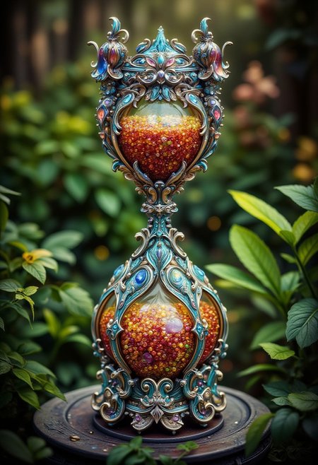 hyperdetailed ultra-detailed realistic, detailmaximizer, 
extremely detailed best quality, reality-shot, realism, realistic photography of a an elaborate Glass hourglass, with very small glass beads, in many different vibrant colors. 
The hourglass is placed on a pedestal in the middle of a lush garden, intricate details, ultra sharp, exquisite detail, flawless composition, vivid colors, masterpiece, exciting background. , High Definition HD, High Detail, Perfect Composition, dark fantasy movie, cowboy shot, bokehmachine, bokeh