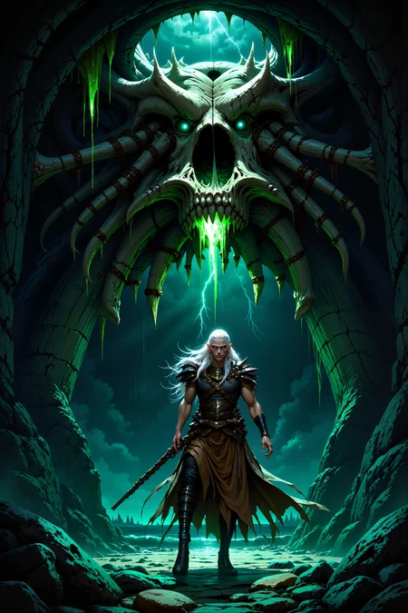 Inside the hollowed-out skull of a long-dead titan, a pale elf with long, flowing white hair and glowing teal eyes is chained to the massive, jagged bones of the creatureâs ribcage. The interior of the skull is bathed in an eerie, green light that emanates from the veins of crystal growing out of the titanâs bones, casting long, sharp shadows across the cracked and uneven floor. His torn tunic flutters in the stale wind that flows through the gaping eye sockets of the skull, while the rusted chains clink softly with each movement. Beyond the cavernous maw of the titanâs mouth, a dark, stormy sea stretches out into the horizon, with massive waves crashing against the jagged rocks below. The elfâs sharp features are illuminated by the faint glow of the crystals, his skin appearing almost translucent in the dim light, while his fingers twitch slightly as though preparing to summon long-forgotten magic. Above, the ancient bones creak and groan with the weight of centuries, their hollow echo filling the space with a sense of impending doom. The air smells faintly of salt and decay, mingling with the metallic tang of the enchanted chains that bind him. In the distance, flashes of lightning illuminate the dark clouds, casting brief, violent bursts of light across the sea. Itâs a moment suspended in time, where ancient death and raw, untapped power coexist in a haunting tableau.<lora:Smooth_Mix_-_Flux:0.7><lora:FluxMythP0rtr4itStyle:0.8>