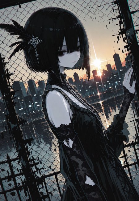 masterpiece,  best quality, good quality, very awa,  very aesthetic, absurdres, newest, oc-chan_(ketopon), 1girl, solo, black hair, bob cut, feather hair ornament, hair between eyes, black eyes, solid eyes, expressionless, pale skin, goth fashion, frilled dress, high collard,lace trim, standing behind fence, chain-link fence,from outside, touching fence, lace elbow gloves, nail polish, upper body, outdoors, seaside, sunset, backlighting, raytracing,  scenery, reflection, lens flare, cityscape, city lights, dark theme,chromatic aberration, from side, dutch angle, limited palette, no lineart, no outline,painterly, glitch art, flat color, 15546+456868, r17329_illu,