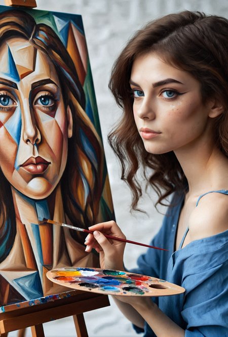 photo of a woman painting a cubism style self-portrait, canvas, 1girl, twins, looking at viewer, <lora:paintingselfportrait:0.7>