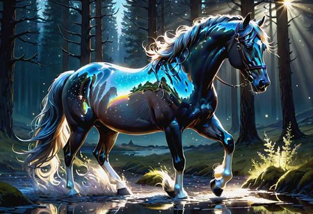 close up, full body, portrait, art by Greg Rutkowski, Very Beautiful, shadow art, Starlight horse, fantasy, magnificent, translucency, depth of fields, forest, rainy, puddle, beautiful lighting, blowing, Broken Glass effect, no background, stunning, something that even doesn't exist, mythical being, energy, molecular, textures, iridescent and luminescent scales, breathtaking beauty, pure perfection, divine presence, unforgettable, impressive, breathtaking beauty, Volumetric light, auras, rays, vivid colors reflects, depth of field in the style of artists such as artgerm, WLOP at Studio Ghibli Genshin.