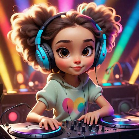 Imagine the most adorable fluffy cartoon girl with a tiny top, who stands behind the decks with oversized headphones, ready to spin some tunes. As the spotlight hits her, the audience,, gathers around in excitement. Describe the scene as she starts mixing tracks, with colorful lights pulsating to the rhythm. How does the audience react? What kind of music is she playing, and how does it make everyone feel? Dive into the vibrant atmosphere, capturing the essence of joy, rhythm, and the magical connection between music and the cartoon world.
 intense, photorealistic lighting and cinematic lighting quality,  (sharp focus), backlighting, photo realistic, highly  detailed,
a colorized photo, RAW format, 8K photorealistic image, superflat, 4k, ultra hd, high resolution , UHD, shot with a professional DSLR camera like Fujifilm XT3, Sony A7IV, Nikon D850, Sony A9 II, Canon EOS R5,
The final image should be a professional, award-winning masterpiece with (sharp focus:1.2),, (intricately detailed, hyperdetailed), HDR, (extremely detailed 8k wallpaper), high quality, intense, intricate, highly detailed, octane render, fine detail, ultra realistic, crisp, super sharp, studio quality, masterpiece, best quality, UHD, Film grain, photorealistic, trending on cg society