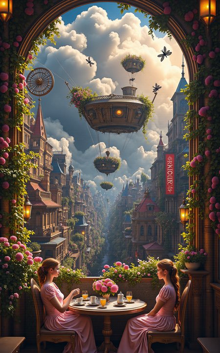 an ornate floating airship garden where Victorian ladies in pastel dresses sip tea surrounded by potted flowers and hovering brass dragonflies,view opens up to reveal an immense gear-filled city below,steam rising between rooftops,glowing signs and rotating cogs creating rhythmic shadows,vibrant lighting with backlit clouds,vivid storybook style,
<lora:aidmaMJ6.1v0.4:0.6>,aidmaMJ6.1,<lora:detailifier_sd3.5:0.8>,detailifier,