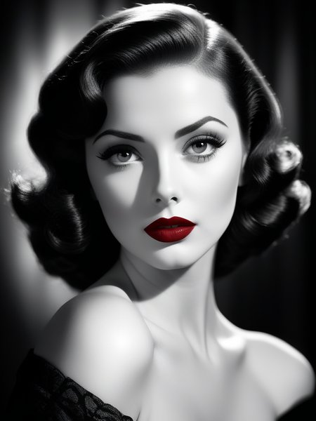 film noir style, woman, red lips, highly detailed, sharp focus, ultra sharpness, monochrome, high contrast, dramatic shadows, 1940s style, mysterious, cinematic