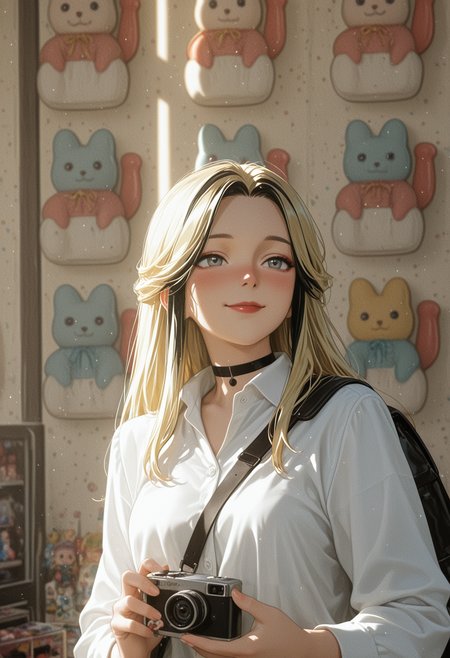 masterpiece, best quality, anime coloring, 
1girl, solo, blonde haor, long hair, (black highlights), grey eyes, detailed eyes, red lips, slight blush, nose blush, black choker, collared shirt, white shirt, long sleeves, open collar, holding camera, crossbody bag, toy store, smile, sidelighting, shading, shadows, depth of field,