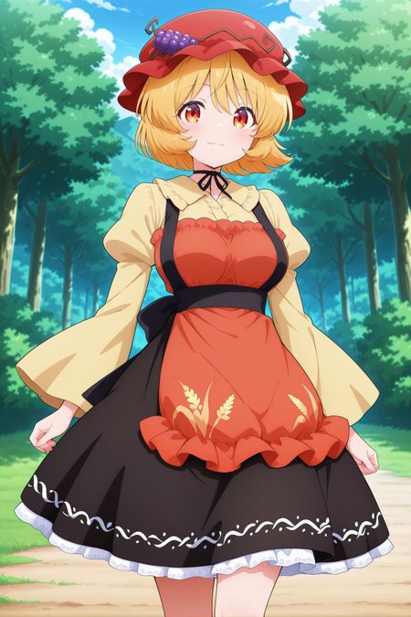 absurdres, highres, masterpiece, best quality, amazing quality, official anime artwork, screencap, anime screencap, outdoors, looking at viewer, light smile, dynamic pose, standing,
 <lora:Aki-Minoriko_Illustrious:1> aki minoriko, 1girl, yellow eyes, blonde hair, short hair, medium breasts,, red hat, mob cap, grape hat ornament, black neck ribbon, yellow shirt, long sleeves, wide sleeves, juliet sleeves, collared shirt, black skirt, petticoat, frilled apron, red apron,