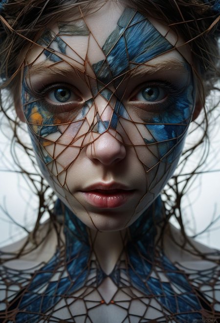 Close-up face, mysterious silhouette of a scottish girl in worn down clothing, goddess, alluring, by Minjae Lee, Carne Griffiths, Emily Kell, Steve McCurry, Geoffroy Thoorens, Aaron Horkey, Jordan Grimmer, Greg Rutkowski, amazing depth, double exposure, surreal, geometric patterns, intricately detailed, bokeh,  perfect balanced, deep fine borders, artistic photorealism , smooth,  great masterwork by Suiras  <lora:add-detail-xl:2>  <lora:Double_Exposure:0.5>