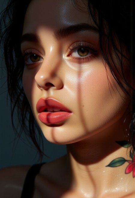Hyperrealism, extreme close-up Portrait of a beautiful, stunning unique female character. She has large glowing eyes filled with joy and excitement, extravagant eyelashes, making this image a masterpiece of photography and digital art. Style: realistic hyper-detailed rendering, 32k UHD, expressive eyes, punk, graphic design, pink hibiscus tattoo, girl's face, side view, pretty and cute, gleaming lips, white skin, telling a tale of adventure. Exuding confidence and serenity. Vibrant tattoos adorn her sun-kissed skin. dramatic lighting, dark theme, low key. a ray of light falls on the left side of the face