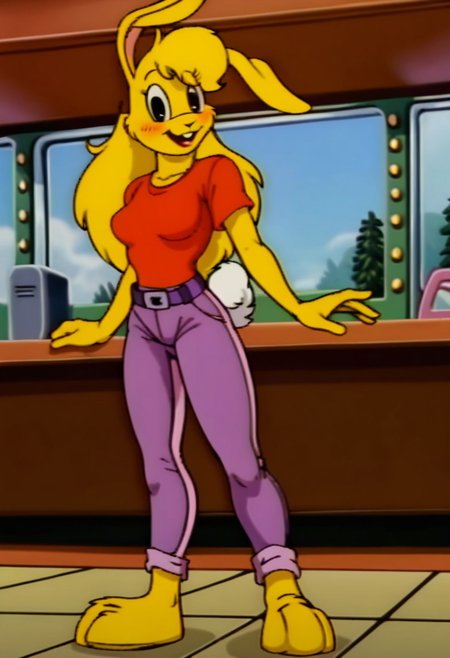 score_9, score_8_up, score_7_up, score_6_up, score_5_up, score_4_up, retro artstyle, BREAK 
LoriJackRabbitPXL, rabbit girl,long yellow hair,yellow skin,1girl, solo,rabbit tail,yellow skin, animal ears, pants, black eyes, colored skin,rabbit ears,long yellow hair, belt, smile, shirt, black belt, open mouth, looking at viewer,rabbit girl,rabbit tail, full body, breasts, standing, furry female, blush, red shirt,purple pants, :d, indoors,barefoot,furry, midriff peek
<lora:lorijackrabbit-v1:0.9>