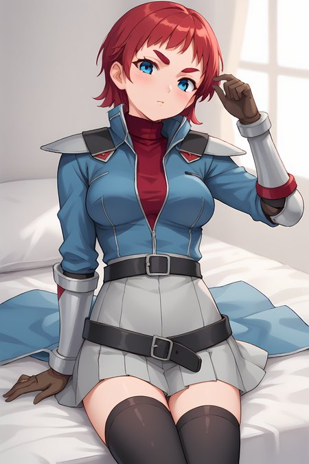 (blue jacket red hoodie red turtleneck shoulder pads vambraces grey skirt black belt brown gloves black thighhighs:1.60), cra-kristen, blue eyes, red hair, short bangs, short hair, thick eyebrows, 
medium breasts, 1girl, solo, skinny, (source_anime, score_9, score_8_up, score_8, score_7_up), score_7, score_6_up, score_6, score_5_up, score_5, 
(blush:1.40),
(bedroom:1.30),
(:1.60), (:1.10),
<lora:cra-kristen-V03-000003:0.60>
