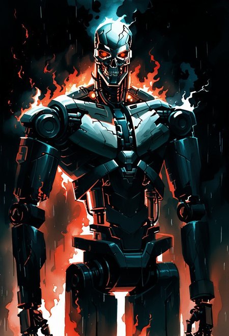 watercolor painting, solo, red eyes, science fiction, robot, 1boy, black background, glowing, looking at viewer, humanoid robot, cyborg, metal skull, burning flesh, burning clothes, glowing eyes, male focus, cyberpunk, hydraulics, dark blue storm, burning background, bright lightning, backlit, orange rimlight, rain, wet, straight-on, Terminator style