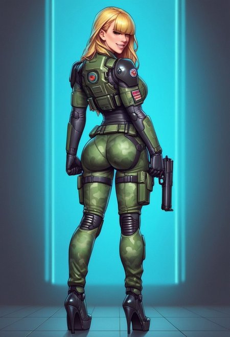 1girl, ((back view))), looking at viewer, highly detailed, from front, 1girl, skinny, looking at viewer, masterpiece, best quality,
raw, extremely detailed, hyperrealism, photo, perfect anatomy, <lora:grewishka_alita_pxl:1> source_photo, source_real, robot, cyborg, android, solo, looking at viewer, 1girl, full body, ((special force camo armor)), high heels, neon_lights, dynamic pose, pistols in hands
BREAK
fang smile, looking at viewer, long hair, ((blonde highlighting hair)), (((hair over eyes, front bangs))), long hair, dynamic pose
best quality, depth of field, bokeh, (((full clothed))), ((special force camo armor)),
BREAK
((((big futuristic gun in hands)))), (big futuristic pistol in hands:1.3), sc-fi soldier, dynamic pose, military camo armor
(((((rooftop, night city, neon lights))))) score_9, score_8_up, score_7_up, score_6_up, source_cartoon, rating_explicit, Expressiveh, (((((full body))))), dynamic pose