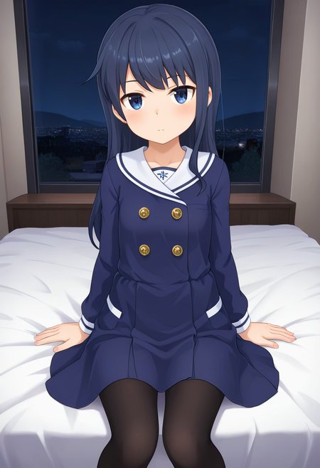 masterpiece, best quality, absurdres, very aesthetic, general, 1girl, mtmdef, aizumi, dark blue hair, long hair, one-piece dress, buttons, pantyhose,  sitting, on bed, night<lora:ILmutsumiAGA:0.8>