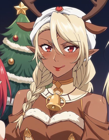 score_9, score_8_up, score_7_up, source_anime, <lora:bikiniwarrior-darkelf-s1-ponyxl-lora-nochekaiser:1>, darkelf, long hair, blonde hair, braid, pointy ears, dark skin, dark-skinned female, elf, dark elf, hair between eyes, red eyes, hair over shoulder, lipstick, anime screencap,, <lora:reindeer-costume-ponyxl-lora-nochekaiser:1>, reindeer costume, animal costume, reindeer antlers, antlers, fake antlers, reindeer hood, christmas, red nose, deer ears, deer tail, christmas tree, bell, horns, reindeer,, blush, smile, tongue out, looking at viewer,, , dutch angle, cowboy shot