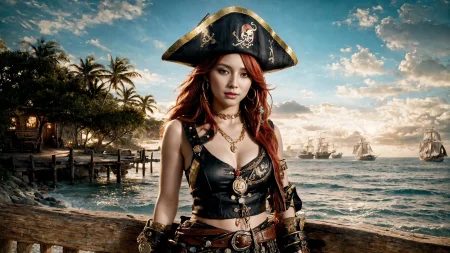 (young redhead pirate woman), (portrait), sharp focus, (ultradetailed), (standing), (happy) smile, pirate (ship galleon:1.2,  hoop earrings, gold medallion, Pewterpirate clothes, pirate hat, hips, (pirate parrot:1.2),  pirate (village), leafy beach coast, (treasure chest with coins, gems and jewels:1.2), rum barrel, best quality masterpiece,  bright sunny sky, backlight, natural lights, high contrast, hdr, shadows, pretty, beautiful, feminine, sexy, adorable, lovely, in love, (PirateDiffusionprt:0.5),  <lora:Pirate:0.3>  PrateT  <lora:PirateRealms:0.3> <lora:Detail Tweaker LoRA add_detail:0.8> <lora:depth_of_field_slider_v1:5> <lora:SDXLrender_v2.0:0.9>