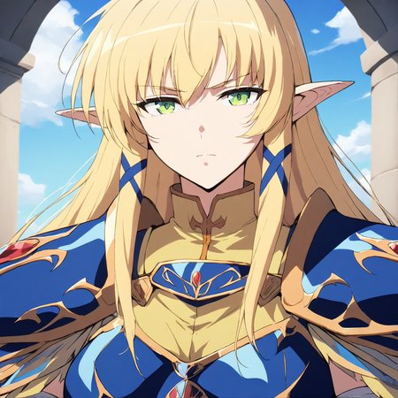 (masterpiece,high score,great score,absurdres),looking at viewer,1girl,solo,upper_body,portrait,armor,<lora:Angelica ag4o v1:1> angelica, blonde hair, pointy ears, long hair, green eyes,