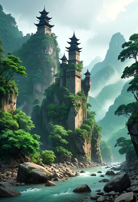 masterpiece, UHD, 16k, high res, high detailed,
a ridge of rocks along a forest river, on the rocks are the remains of ancient fortress towers, the banks of the mountain river are overgrown with low sparse forest,humid tropical forest, raining, not oriental style, 
epic, soft colors, Style-Volumetric