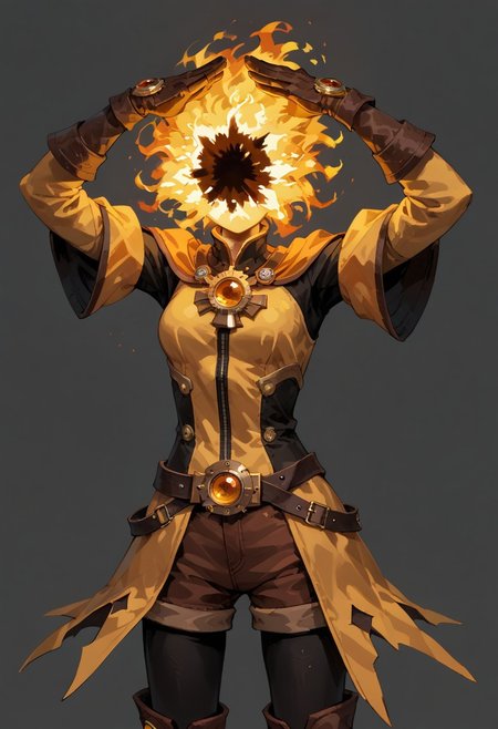 score_9, score_8_up, score_7_up, solo,
lord_of_frenzy, fire head,
mad,
novakin, faceless, no eyes, no mouth, no nose, no facial features, short fiery yellow orange hair, body made of black plasma,
open hands, hands on face front,
hands on own head, 
upside-down, backflip,
magical girl outfit, (steampunk dress:1.1), boots, (brown shorts:1.1), black tights, medium breasts, belt, gloves, 
simple background, grey background,