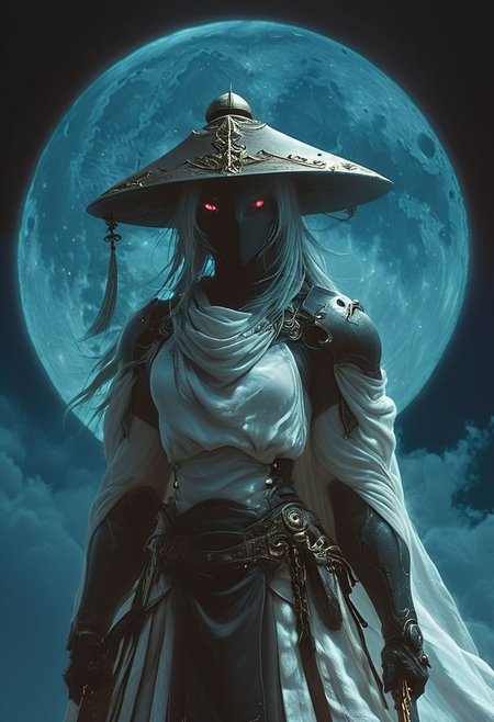 By KentarM Miura, Ethereal colorful sss - surreal scene of the night, with a nearly clear sky adorned with twinklings, colossal cosmic linen veil draping over the moon, resembling a sss sheet gently covering it, resembling a busty Cyborg Samurai with large sedge hat and with the moon AS their head, allowing glimpses of the moon's radiant glow to peek through in patches Like eyes, illuminated from within, swinging the katana Like a skilled Martial arts dancer, Curved Sword Slash, Moon in Background is a beast, 
masterpiece, intricate details, maximum resolution, hyper detailed, 
cinematic composition, soft shadows, atmospheric haze, Film grain, cinematic film still, shallow depth of field, highly detailed, high budget, cinemascope, moody, epic, OverallDetail, 2000s vintage RAW photo, photorealistic, candid camera, color graded cinematic, atmospheric lighting, imperfections, natural, shallow dof