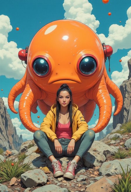 painting, ff-comic.
oona sitting on a rocky outcrop. Long dark hair tied back, dressed in a yellow jacket over a pink top and green pants, and she wears red sneakers. In the background is a colossal, orange, luminescent blob creature with large, round, glossy, black eyes. The sky is dotted with fluffy white clouds.