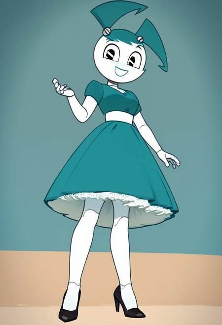 (Masterpiece, best quality:1.2), score_9, score_8_up, flat color, flat shading, soft shading, lighting, Jenny Wakeman as an adult, in a 1950's full length formal blue skirt, a white belt, button down v-neck formal black top, a fluffy frilly ruffled full white petticoat, and black high heels, dress, layered petticoat, frilly petticoat, fluffy petticoat, full petticoat, detailed petticoat ((wide skirt, detailed outfit, flowing skirt, long skirt, solid blue colored skirt, black high heels)), blue hair, series accurate, cute, best high quality, high res, robot, humanoid robot, medium breasts, whole body shot, 1girl, ((solo, outdoors, looking at you, low angle)), cute, seductive, seductive smile, half lidded eyes, low angle shot, cartoon, cartoon style, vector, solo, circle dress, 1950s, whisperfoot_style, dance dress jenny, jenny wakeman, 1girl, solo, robot joints, black eyes, white skin, ponytail, hair bow, blue rose chest corsage, poofy dress, blue hair, flat lighting