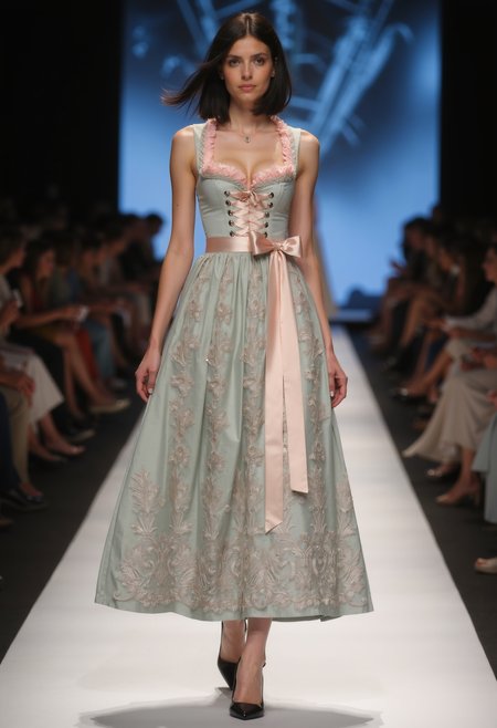 clo032, full body shot, beautiful young woman wearing A traditional dirndl dress in pale sage green with intricate floral lace embroidery on the skirt, a sleevless corset-style bodice with metallic hooks and a pink satin ribbon lace-up, finished with a pink ruffle neckline and sash bow. black high heels. walking on a catwalk, spotlight at her, black short hair