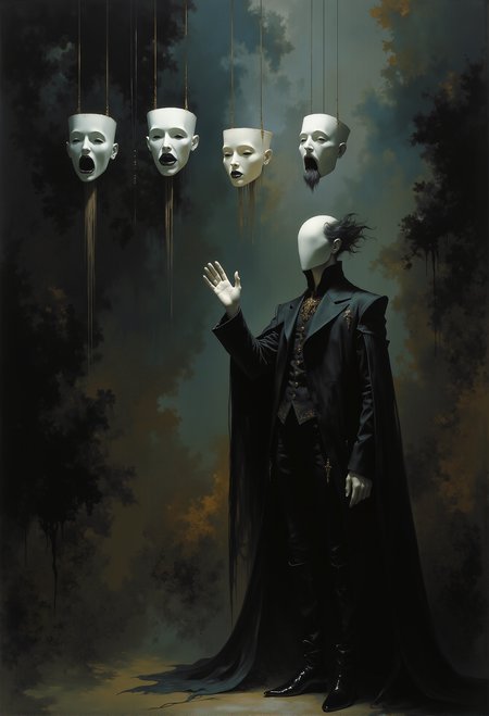 A surreal scene in a dark, minimalist setting. A faceless figure stands in a suit, looking formal and mysterious, with no visible facial features on its smooth, blank head. The figureâs hand is raised delicately, reaching toward a row of four floating, white theatrical masks hanging from thin strings. Each mask displays a different emotion, from joy to sadness, conveying a range of human expressions. The background is shadowed and mostly featureless, emphasizing the contrast between the light on the masks and the figureâs dark attire. Soft, ambient lighting streams in from the left, creating a sense of quiet introspection and mystery, with a slight glow highlighting the subtle details in the masks and the suit. <lora:Elden_Ring_-_Yoshitaka_Amano.safetensors:1.0>,  <lora:Ethereal Grace - s1 g4.safetensors:0.7>,