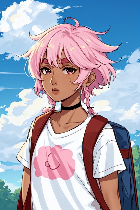taliyah, sessions, taliyah sessions, sessions taliyah, 1girl, solo, short hair, shirt, white shirt, upper body, pink hair, braid, outdoors, sky, choker, day, cloud, dark skin, bag, blue sky, black choker, thick eyebrows, backpack, print shirt, 
thick eyebrows, freckles, <lora:taliyah-21:0.5>