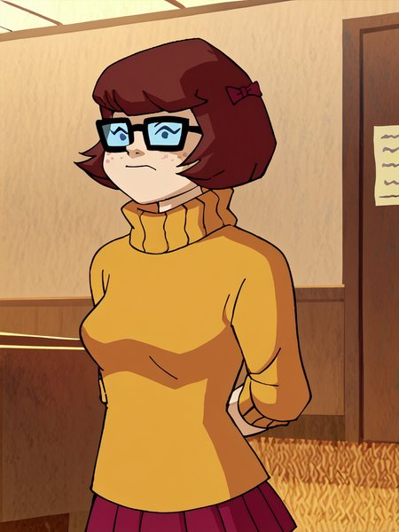 <lora:VelmaMysteryIPony1.0:1> velmad, 1girl, short hair, black eyes, orange turtleneck, black-framed eyewear, brown hair, solo, hair bow, red skirt,arms behind back,  indoors,freckles,upper body, score_9, score_8_up, score_7_up, score_6_up, score_5_up, score_4_up, looking at viewer,