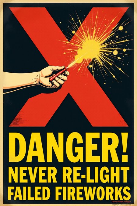 A stark, graphic vintage safety poster in shades of red, yellow, and black. It shows a hand reaching out to pick up a smoking, unexploded firework. A large, bold red "X" is superimposed over the firework. Below, in clear, blocky yellow letters: "DANGER! NEVER Re-light Failed Fireworks." Emphasize the immediate danger and the clear warning message.  <lora:REMEs_War_Poster_Style:0.95> In REME's War Poster Style,âââ