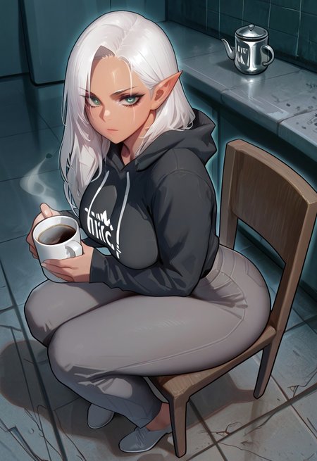 ✦ masterpiece, high quality, absurdres, best quality, very aesthetic, newest,

✾ 1girl, looking at viewer, mature,( long hair:1.3), white hair, dark skin, green eyes, beautiful woman,( curvy:1.1),( pointed ears:1.3),( milf:1.2), sitting, chair, coffee mug, indoors, full body, black hoodie, grey pants, chipped wallpaper, concrete floor, from behind, (thicc:2), voluptuous, gorgeous, tall,( clear bright eyes:1.1)