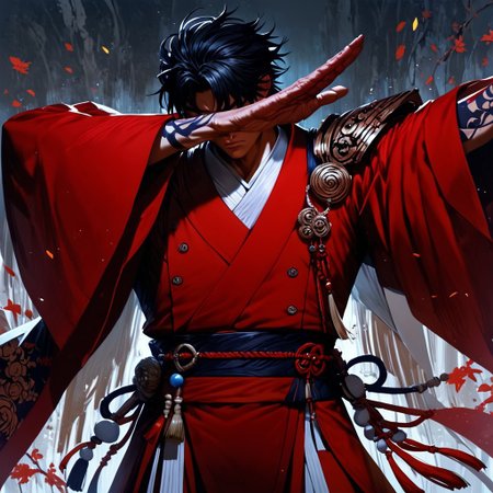 score_9, score_8_up, score_7_up, masterpiece, red suit, black hair, 1 boy, akainu, very high quality, outstretched arm, covered face, standing