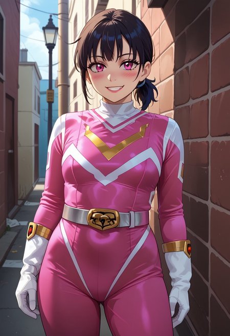 score_9, score_8_up, score_7_up, BREAK,
1girl, solo, BREAK,
sentaisaintforce, pink bodysuit, silver belt, white gloves, spandex, wing-shaped chest symbol, small breasts, helmet removed, no headwear, <lora:Saint_Force:1>, BREAK,
leyleyxl, 1girl, solo, (black hair), ponytail, (white pupils, pink eyes:.6), messy hair, short ponytail, (upper body:.6), BREAK,
smile, blush, looking at viewer, BREAK,
standing BREAK,
outdoors, alley