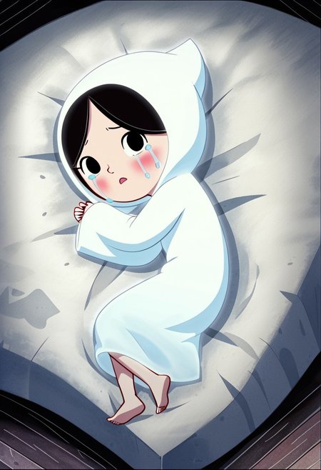 zPDXL3, source_cartoon, Perfect Hands, full body,
1girl, solo, bedroom, looking at viewer, saoirse, black hair, black eyes, blush, ghost, hood up, robe, barefoot, glowing, lying on bed, from above, lying on side, facing at viewer, feeling cold, eyes open, crying sadly, fear, open mouth, sleeve past wrist, slim body, long body, highlight cloth wrinkle, anime style,
<lora:Perfect Hands:1>  <lora:Saoirse_-_The_Song_of_the_Sea-000009:1>