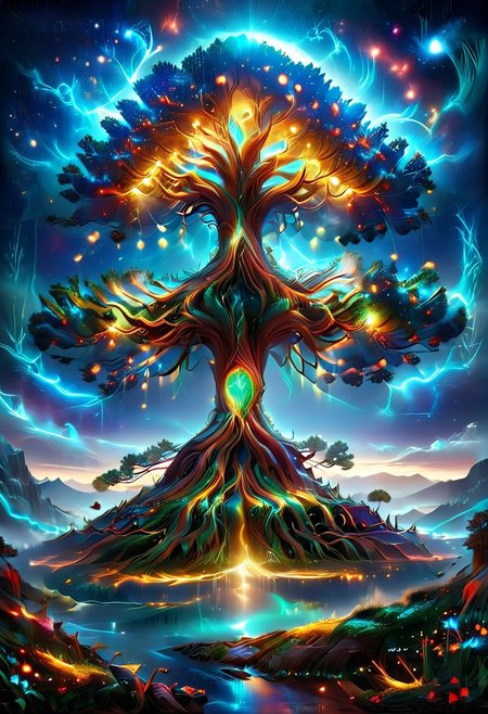 A captivating night scene illustration Yggdrasil tall on a large snowy mountain overlooking a lake. lthndrtrl, Yggdrasil, emits a warm glow, highlighting its incredible magic and grandness. The snowy  hill is covered in great pine trees, reflecting on the calm, moonlit snow  that mirrors the silvery moonlight. The full moon graces the sky, casting an ethereal glow on the clouds and mountain, while wispy clouds partially obscure its brilliance, adding to the scene's mystique. Twinkling stars dot the sky, creating a celestial tapestry that harmonizes with the moon's radiance. This enchanting artwork captures a serene and peaceful night, where the illuminated Yggdrasil stands resolute amidst the celestial beauty, creating a cinematic experience., illustration, cinematic, lthndrtrl, Yggdrasil
<lora:DonM3t3rn1tyXL-v1.1:0.7>, DonM3t3rn1tyXL,
OverallDetailXL  <lora:MJ52:0.3>  <lora:SDXLFaeTastic2400:0.4>  <lora:EpicF4nta5yXL:0.7>