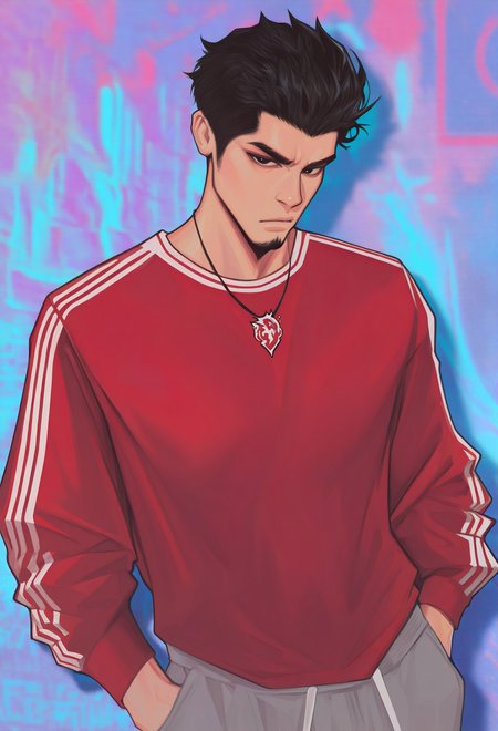 1boy, solo, abstract background, looking at viewer, blurry background, male focus, track pants, necklace, multicolored background, hands in pockets, track suit, red shirt, grey pants, 
black eyes, goatee, black hair, short hair, facial hair, 
masterpiece, best quality, <lora:MischiefMakersV1-Illustrious-guy90:1>, sresim, <lora:KazumaKiryu-guy90-Illust-LoraV1:1> Kazryu