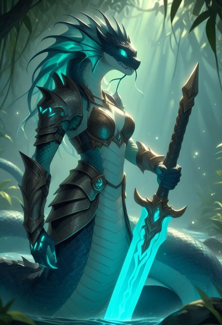 Naga,  holding a Glowing Rune Sword, glowing rune armor,