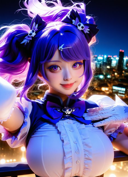 1girl,
Lanmei haoxiongdi,<lora:lanmeinoob-000014:0.8>,(realistic:1.1),(cosplay:1.05),
twintails,purple hair,Purple eyelashes,solo,perfect face,realistic skin,cute,bedutiful eyes,magical girl,bow,gloves,white gloves,purple bow,white shirt,skull hair ornament,looking at viewer,hair ornament,large breasts,slender waist,black bow,hair bow,dress,frills,
(night:1.2),city lights,cityscape,depth of field,(evening:1.1),gradient sky,lens flare,skyline,skyscraper,star,smile,floating hair,outdoors,rooftop,
portrait,close-up,
masterpiece,best quality,very aesthetic,absurdres,movie vibe,8k,RAW photo,(photo-realistic:1.1),soft lighting,perfect composition,<lora:add-detail-xl:1>,<lora:ClearHand-V2:1>,<lora:DetailedEyes_V3:1>,