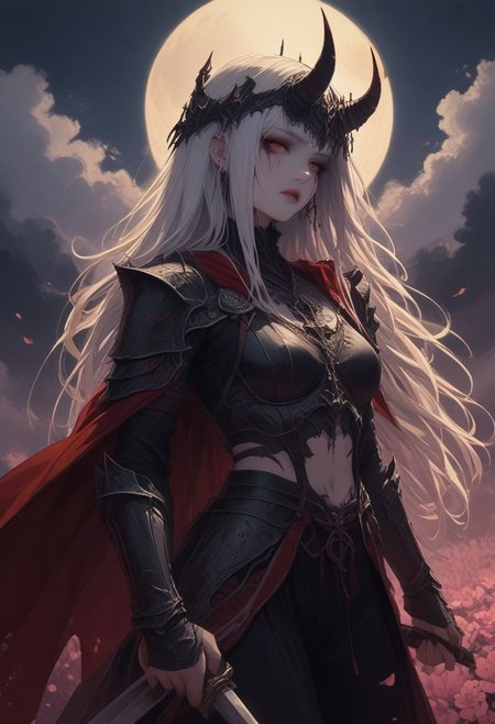 score_9, score_8_up, score_7_up score_9, score_8_up, score_7_up, score_6_up, score_5_up, score_4_up,
 <lora:GothGirlAestheticV5-000015:1> g0th,
weapon, moon, armor, sword, flower, holding weapon, helmet, holding sword, holding, solo, full moon, long hair, outdoors, cape, sky, red cape, night, horns, pink flower, standing, cloud, shoulder armor, japanese armor, white hair