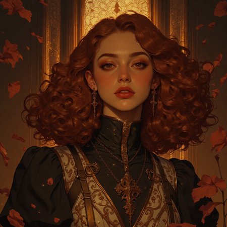 A breathtakingly beautiful young woman with striking red hair cascading in soft waves, deep brown eyes that exude both wisdom and subtle seduction, and fair, glowing skin with a soft, ethereal light. She is petite and poised, wearing a high-fashion, elegantly revealing dress that hints at sensuality while remaining tasteful and mysterious. Her expression is knowing yet gentle, a Mona Lisa-like allure. The background is a surreal dreamscape — an abstract blend of twilight hues, shimmering glass architecture, and floating petals — evoking fantasy without cliché. Everything in the composition — from lighting to colors — is designed to mesmerize, captivate, and invite endless interpretations. The overall mood: powerful, magnetic, timeless beauty that feels otherworldly and unforgettable.