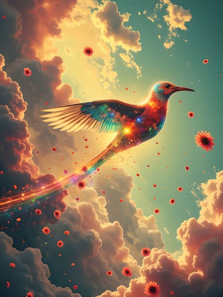 An otherworldly, fluid depiction of a semi-transparent bird soaring through a dreamlike sky, leaving behind a radiant trail of shifting colors that blend seamlessly into a cascade of delicate, vibrant flowers. The bird’s form is ethereal, with soft edges and a translucent texture that reveals an ever-changing, swirling pattern of light and hues within. As it moves, a continuous, fluid ribbon of rainbow light follows its path, with the petals of the flowers slowly fading into the air as they scatter behind. The scene evokes a sense of wonder and surrealism, with a playful mix of abstract beauty and symbolic imagery that invites the viewer to explore its dreamlike atmosphere. aidmaimageupgrader, aidmaMJ6.1m, detailmaximizer, mythp0rt, ne0nfant4sy, drkfnts, hkmagic <lora:aidmaImageUpgrader-FLUX-V0.2:0.7> <lora:aidmaMJ6.1_aidmaMJ6.1-FLUX-v0.4:0.8> <lora:v1v1dr34m:0.74> <lora:Luminous_Shadowscape-000016:0.68>