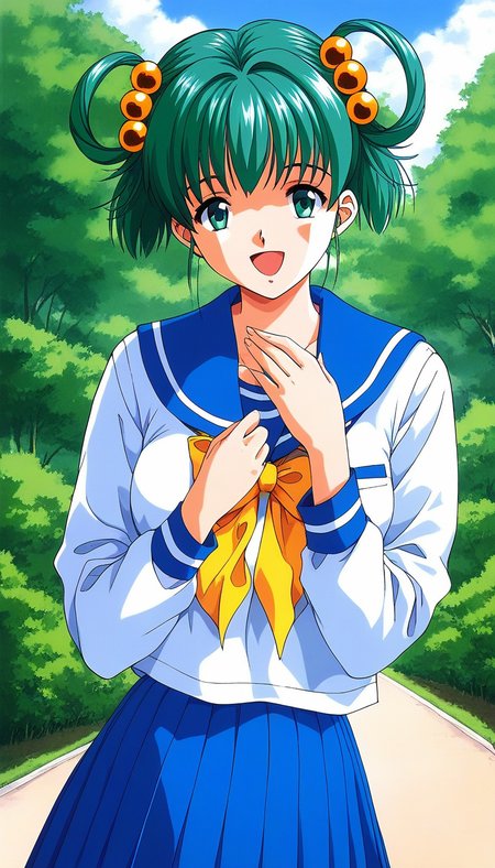 score_9, score_8_up, score_7_up, source_anime, rating_explicit, BREAK  <lora:Tatebayashi_Miharu_XL:1> TatebayashiMiharu, hair rings, hair ornament, Yellow bobbles, green hair, bangs, short hair, green eyes, medium breasts, 
solo, school uniform, skirt, long sleeves, pleated skirt, 1990s (style), blue skirt, serafuku, yellow bow, smile, ã
open mouth,
looking at viewer, bow, sailor collar, standing, shirt, blue sailor collar,
outdoor, day, sky,